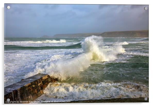 Breaking wave over Sennen Pier Acrylic by Andrew Ray