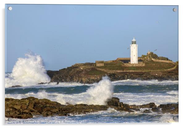 Rough sea at Godrevy Lighthouse  Acrylic by Andrew Ray