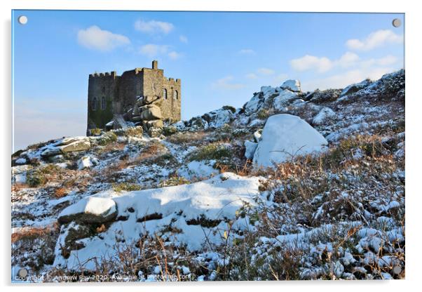 Carn Brea Castle in the snow Acrylic by Andrew Ray