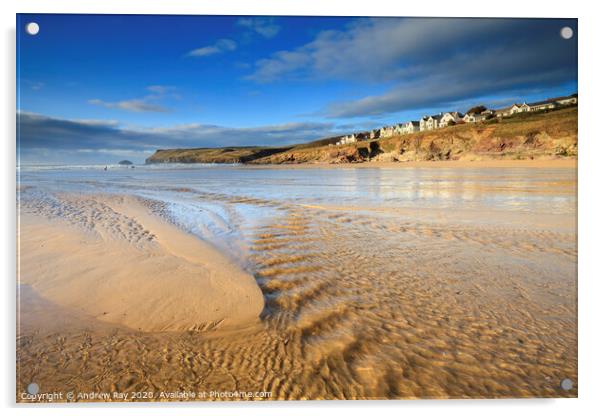 Stream on Polzeath Beach Acrylic by Andrew Ray