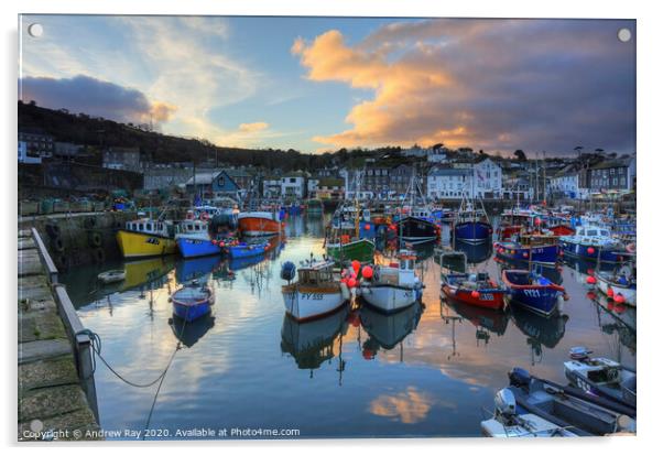 Mevagissey Harbour at sunset Acrylic by Andrew Ray