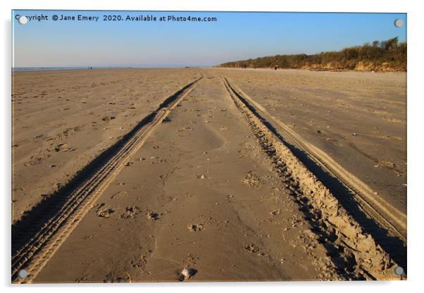 Tracks in the sand at Cefn Sidan, Pembrey, Carmart Acrylic by Jane Emery