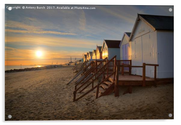 Old Felixtowe beach hut Sunset Acrylic by Antony Burch