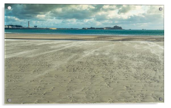 Blowing sand on St Helier beach Acrylic by Jonathon barnett