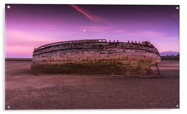 Moon over boat wreck Anglesey Acrylic by Jonathon barnett