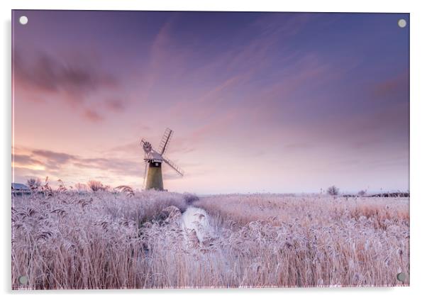 Frozen Sunrise on Norfolk Broads Acrylic by Rick Bowden