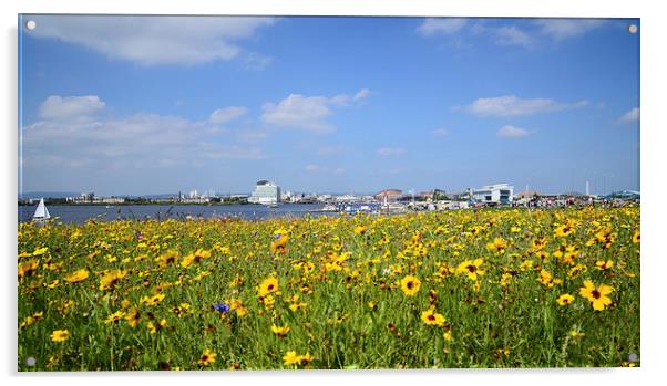  Cardiff Bay, Wales with flowers in foreground Acrylic by Jonathan Evans