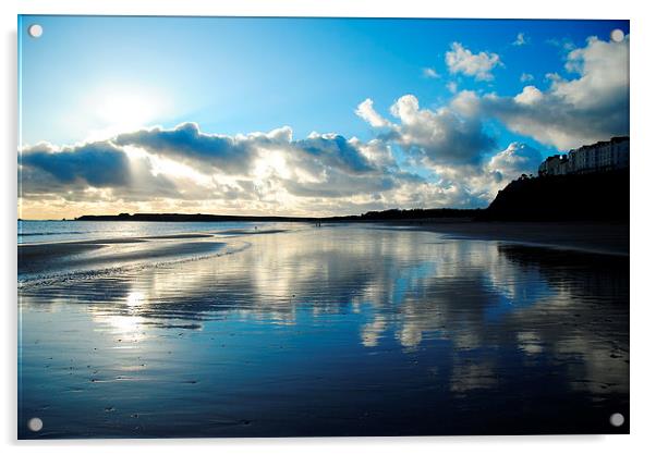 Tenby beach in winter blue reflection Acrylic by Jonathan Evans