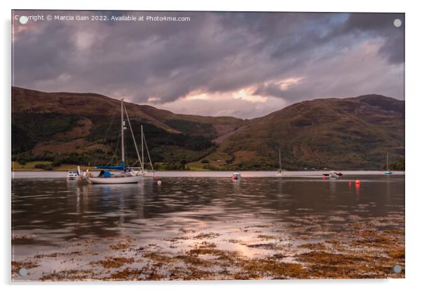 Loch Leven Boats at sunset Acrylic by Marcia Reay
