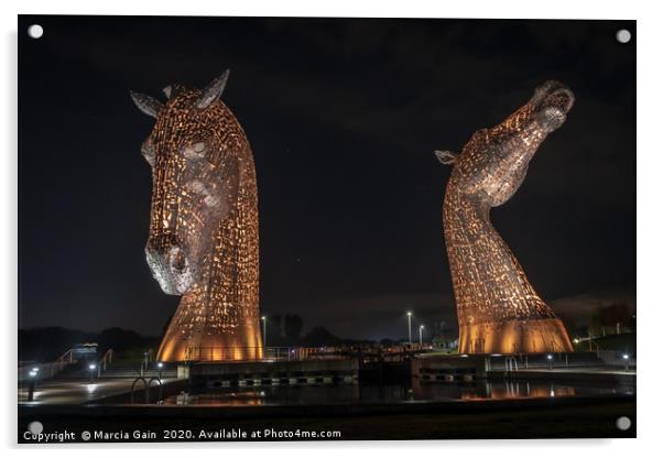 The Falkirk kelpies in gold  Acrylic by Marcia Reay