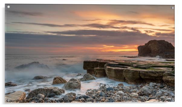 South Shields rocks at sunrise Acrylic by Marcia Reay