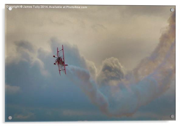A smoking biplane corksrews in heavy cloud  Acrylic by James Tully