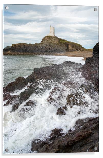 Waves breaking below Twr Mawr lighthouse, Anglesey Acrylic by Andrew Kearton