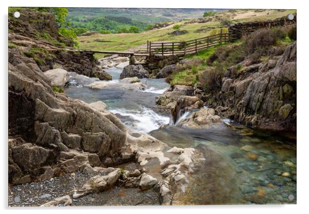 Stone footbridge in Cwm Llan, Snowdonia, Wales Acrylic by Andrew Kearton
