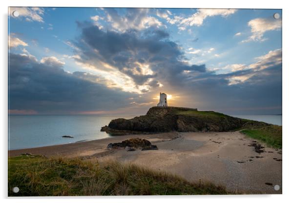 Sun setting behind Twr Mawr Lighthouse, Wales Acrylic by Andrew Kearton