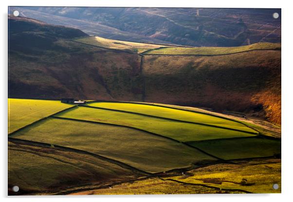 Sunlight on hills near Glossop Acrylic by Andrew Kearton