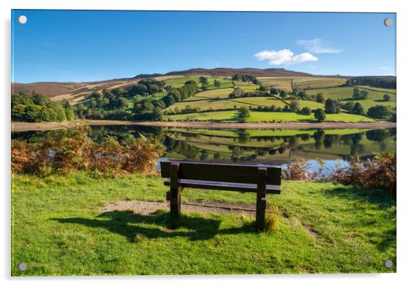 A wooden bench with views of Ladybower reservoir Acrylic by Andrew Kearton
