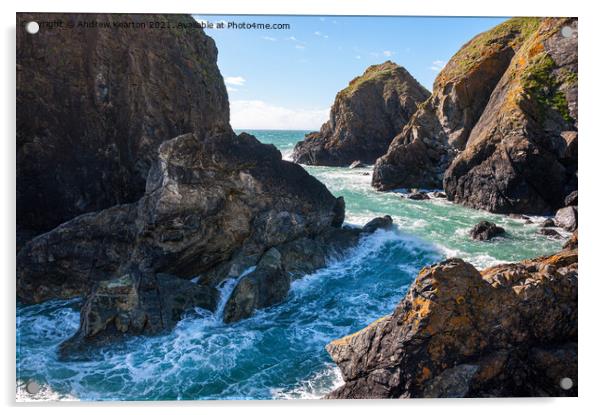 Waves between rocks, Mullion Cove, Cornwall Acrylic by Andrew Kearton