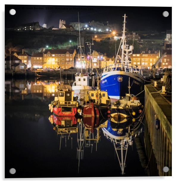 Whitby Harbour At Night Acrylic by Janet Burdon