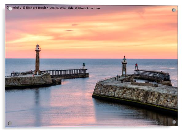 Whitby pier at sunset Acrylic by Richard Burdon