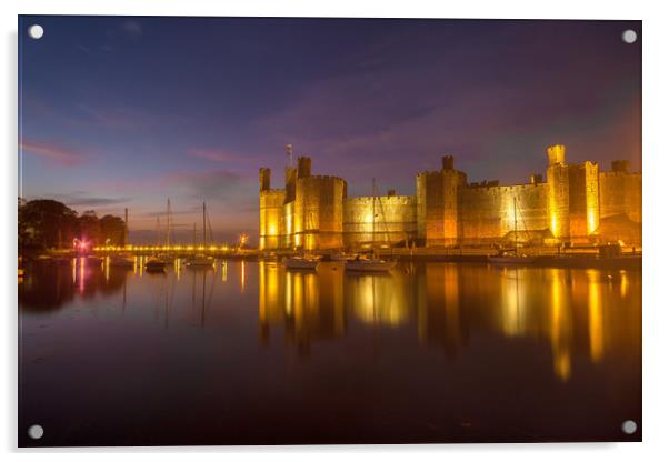 Caernarfon Castle at dusk with yachts floating at  Acrylic by Gail Johnson