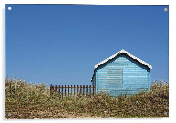 Blue beach hut on a hill Acrylic by John Edwards
