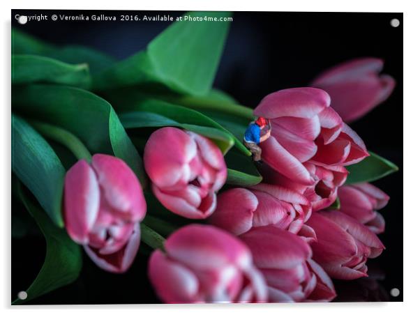 Painting the tulips Acrylic by Veronika Gallova
