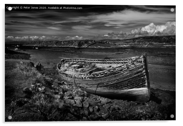 Fishing boat wreckage, Croig estuary, Mull. Acrylic by Peter Jones