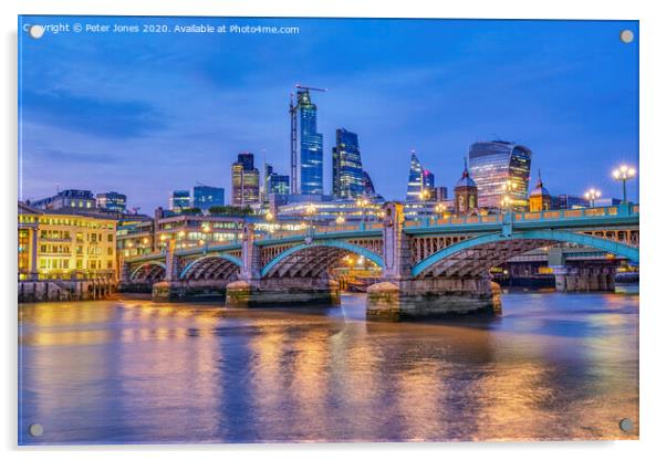 Southwark Bridge in twilight. Acrylic by Peter Jones