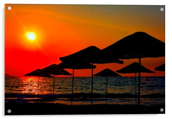 Digital painting of beach umbrellas at sunset Acrylic by ken biggs