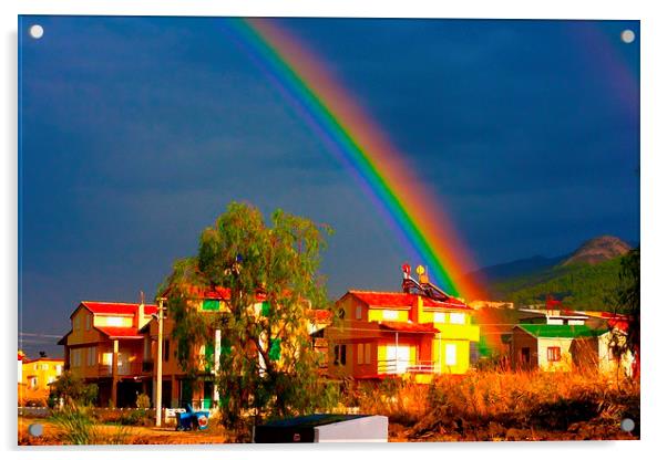 A digital painting of a rainbow over villas in the Acrylic by ken biggs