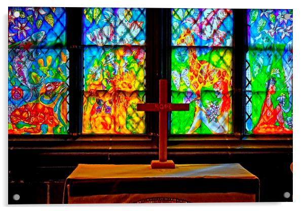 stained glass windows in church with a cross Acrylic by ken biggs