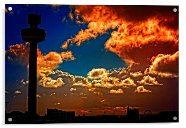 Liverpool skyline in silhouette against a stormy s Acrylic by ken biggs