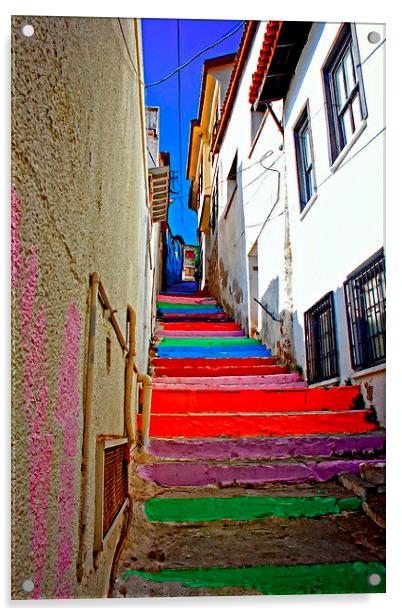multi colored steps in a Turkish village Acrylic by ken biggs