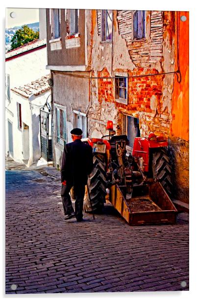 an elderly man walking past a tractor in a Turkish Acrylic by ken biggs