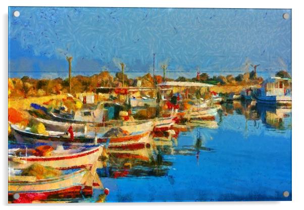 A digital painting of Small fishing boats in harbo Acrylic by ken biggs