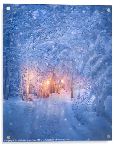 Snowy evening Acrylic by Svetlana Korneliuk