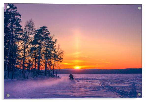 The snow mobile race toward the Sun pillar Acrylic by Svetlana Korneliuk