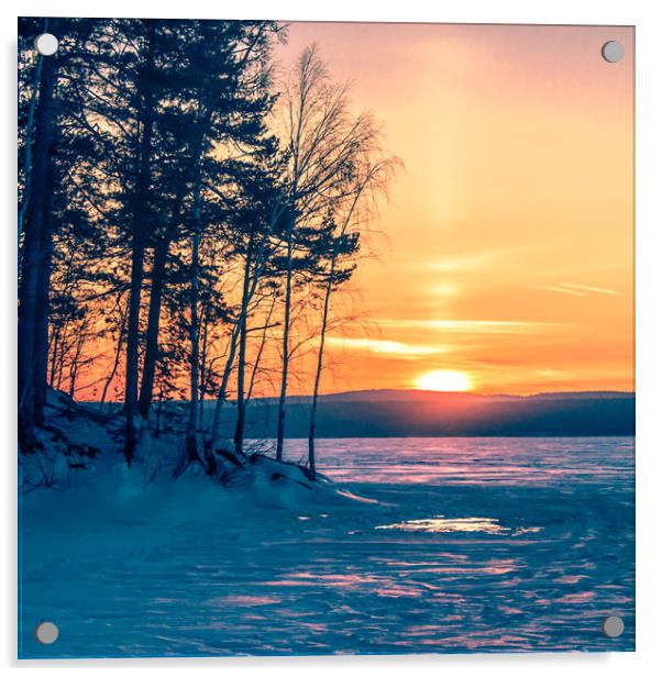  Winter sunset on the forest lake Acrylic by Svetlana Korneliuk