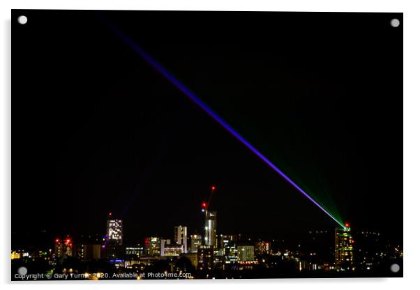 Leeds skyline with Leeds Laser Light Night Acrylic by Gary Turner