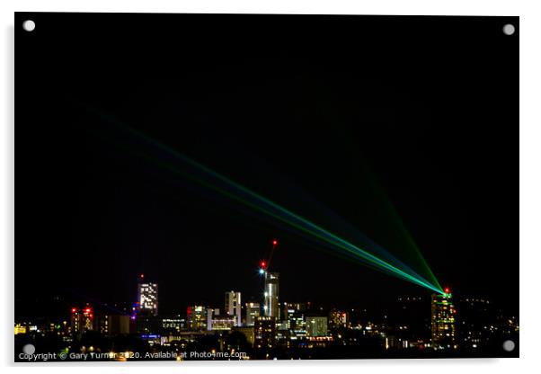 Leeds skyline with Leeds Laser Light Night Acrylic by Gary Turner