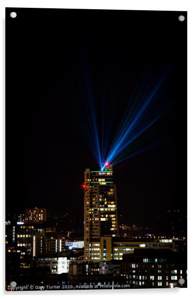 Bridgewater Place, Leeds with Leeds Laser Light Night Acrylic by Gary Turner