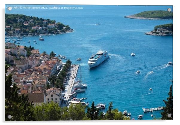 Liner docking at Hvar Harbour Acrylic by Adrian Beese