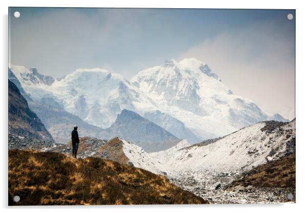 A man contemplates the size of Kanchenjunga Acrylic by Brent Olson