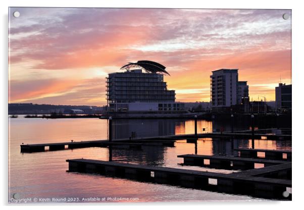 Cardiff Bay Winter Sunset two Acrylic by Kevin Round