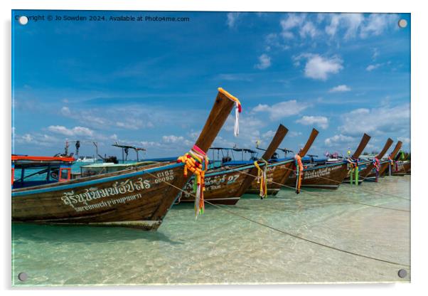 Longtail boats at Bamboo island, Thailand Acrylic by Jo Sowden