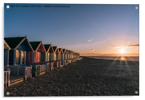 Sunset at West Mersea Beach Huts Acrylic by Jo Sowden
