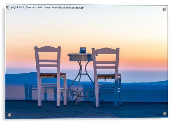 Table for two with a view, Santorini, Greece Acrylic by Jo Sowden