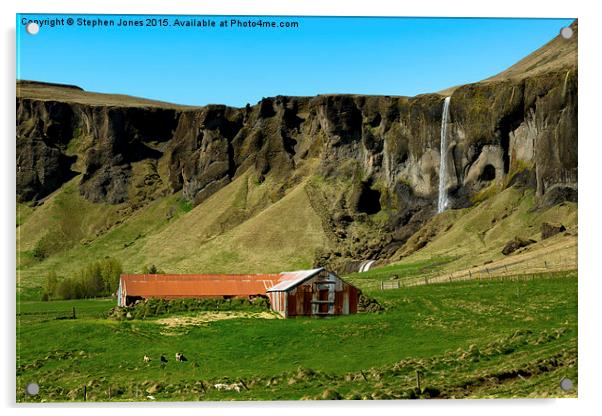  Livestock building with waterfall in background,  Acrylic by Stephen Jones