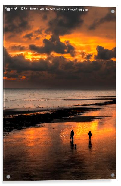 Sunset walkers on Worthing Beach Acrylic by Len Brook